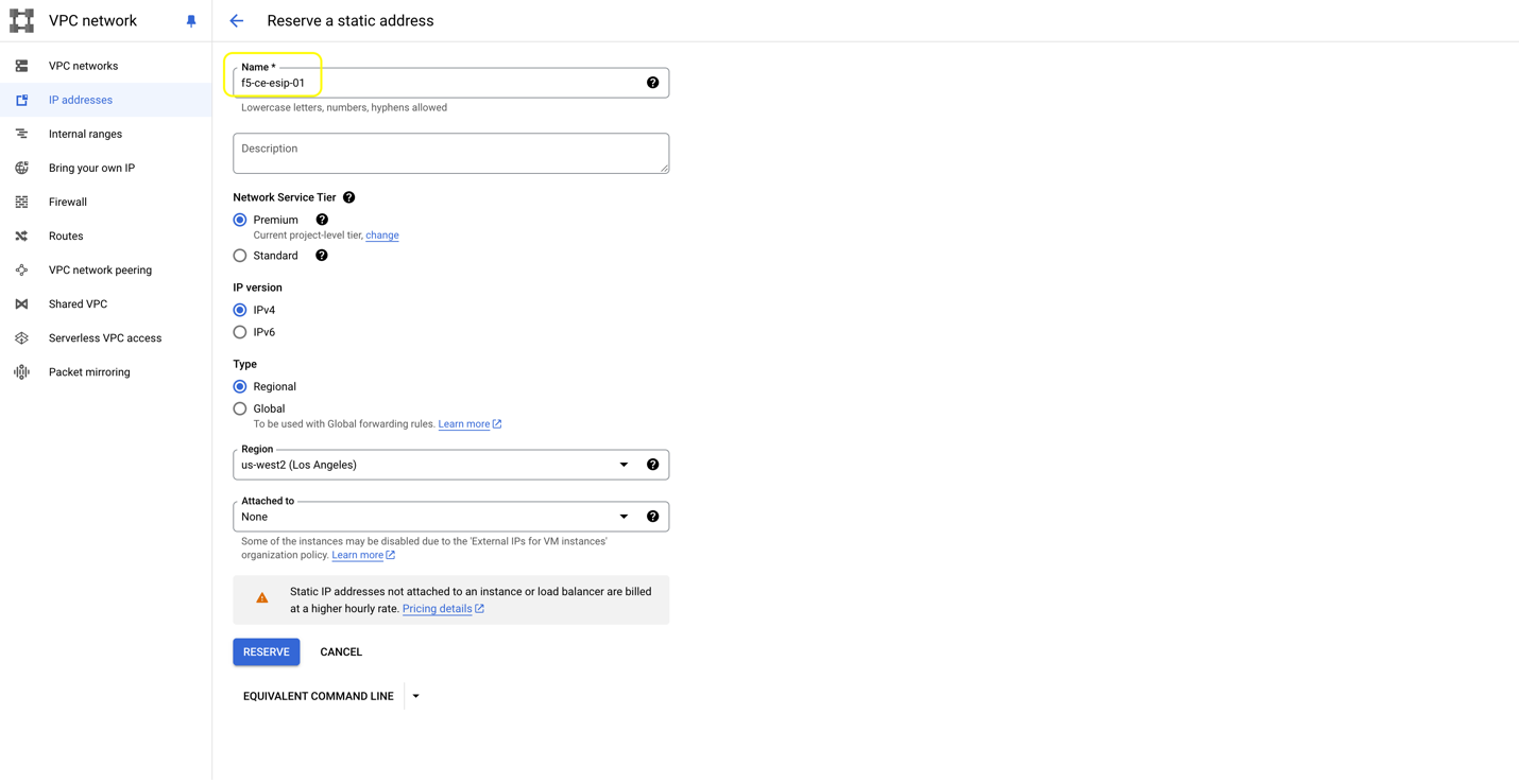 Figure: Reserve External IP Address
