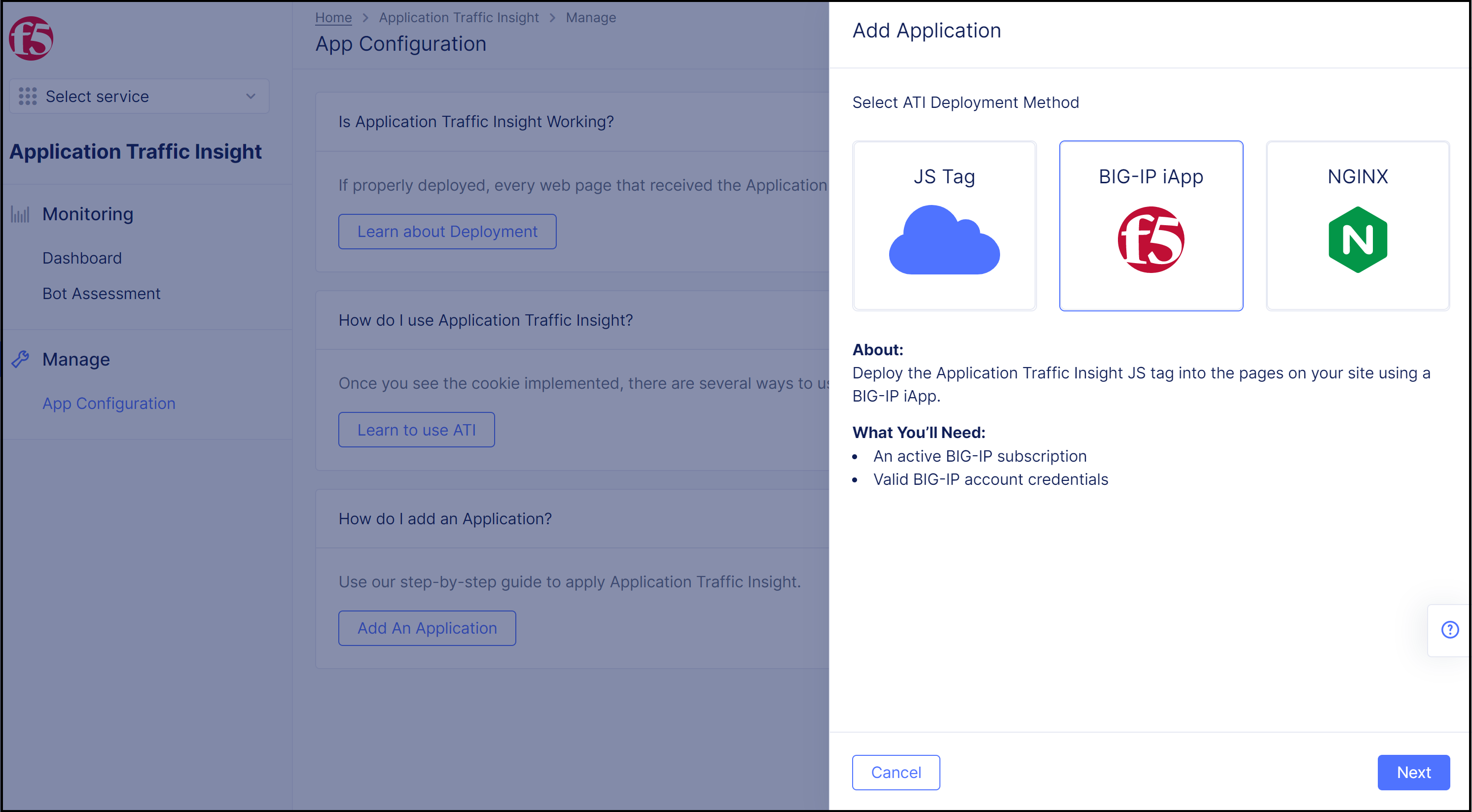 Figure: Select BIG-IP iApp for JS Injection Method
