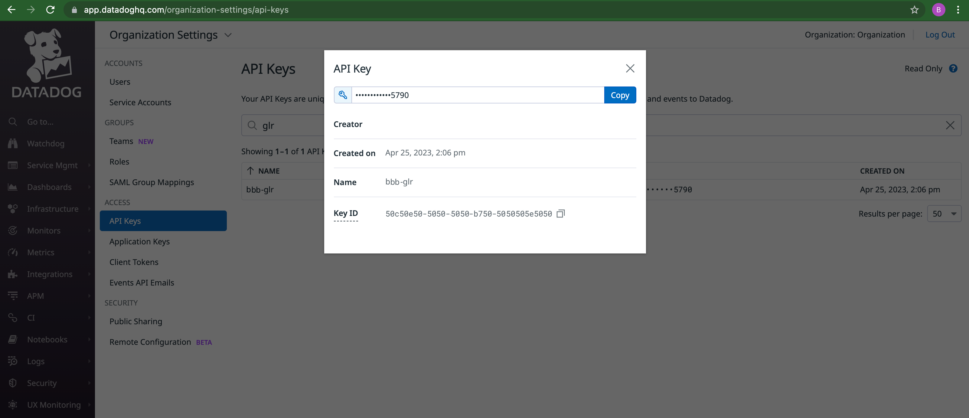 Figure: Datadog API Key Location